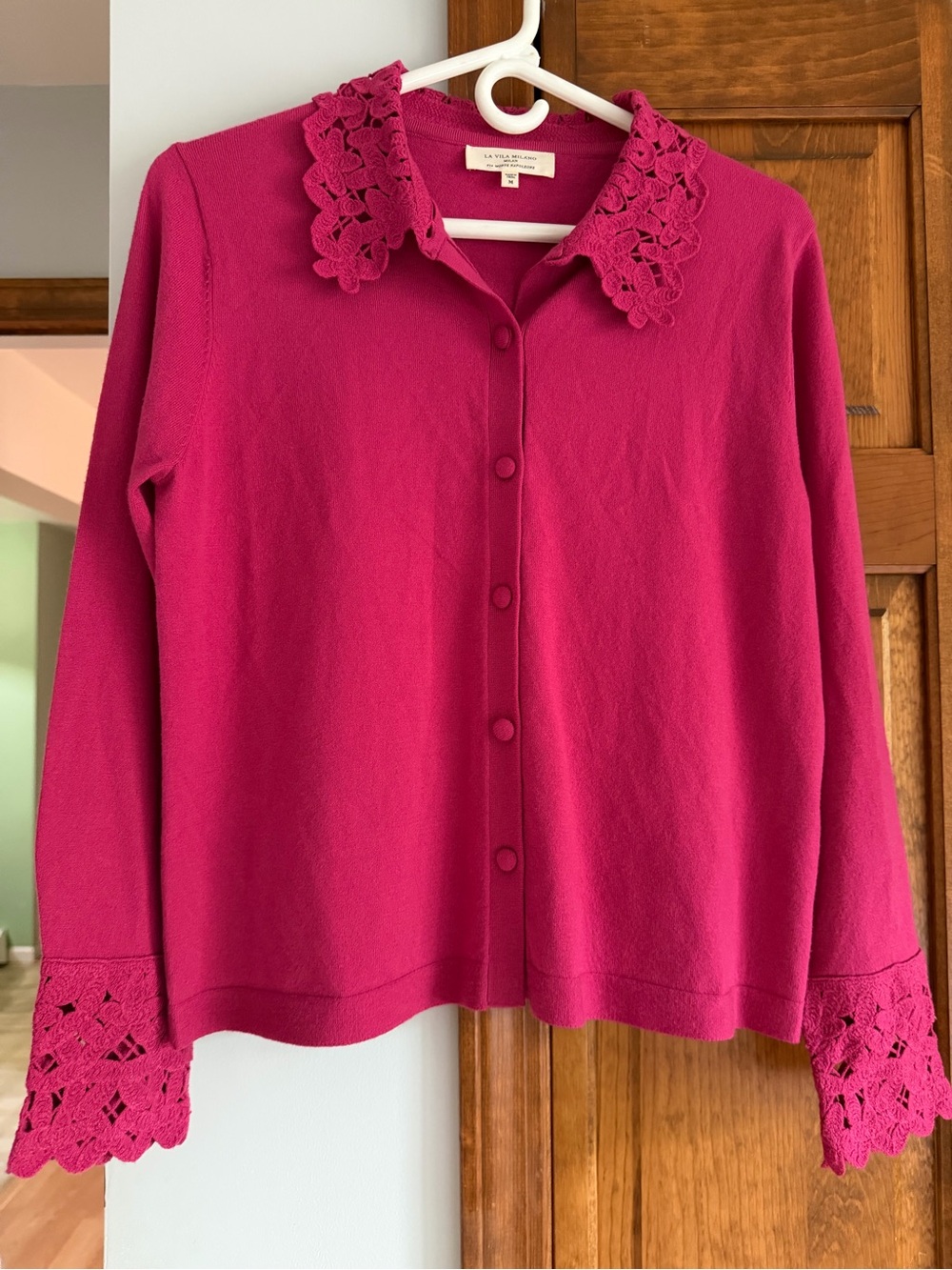 La Vila Milano Crochet Collar Button-Front Cardigan M Medium